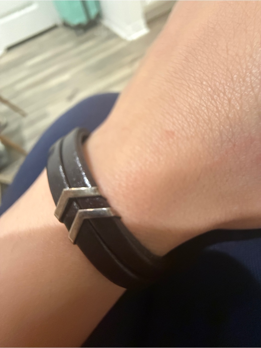 Double Band Black Leather Bracelet with Silver Chevron Accents